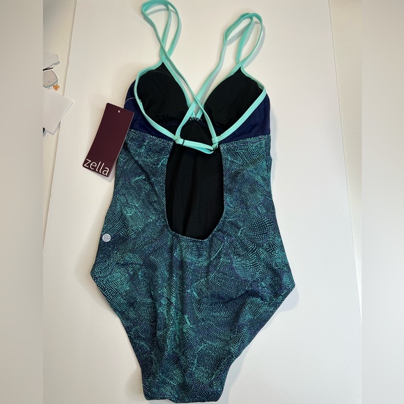 Zella One Piece Blue Open Back Criss Cross Swim Suit New With Tags Size Small - Picture 4 of 12